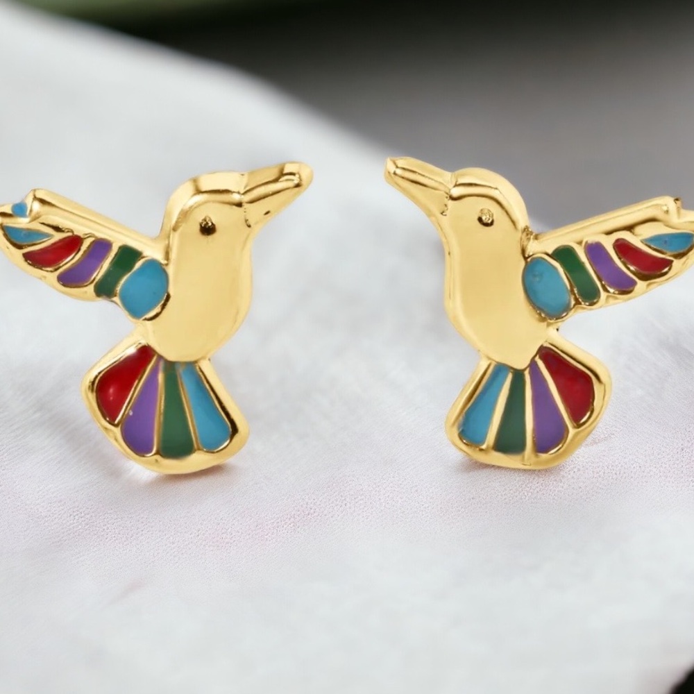 14 Karat Solid Gold Yellow Gold Hummingbird Multi Color Screw Back Earrings
